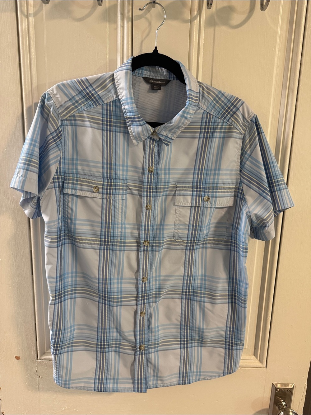 Eddie Bauer Light Blue and White Plaid Button-Down Shirt